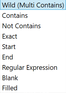Search modes: Wild (Multi Contains), Contains, Not Contains, Exact, Start, End, and Regular Expression.