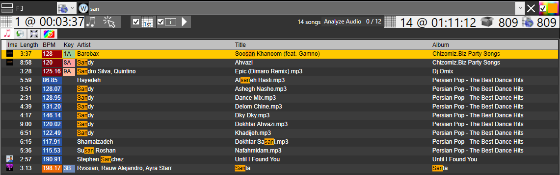 Live Highlight marks the search words in DJ library results