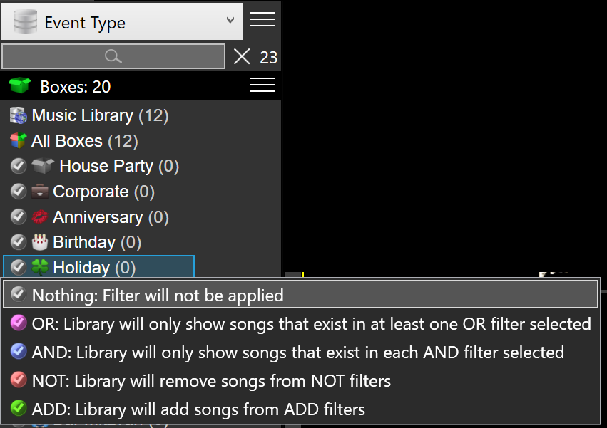 Boxes used as OR, AND, NOT, ADD filters.