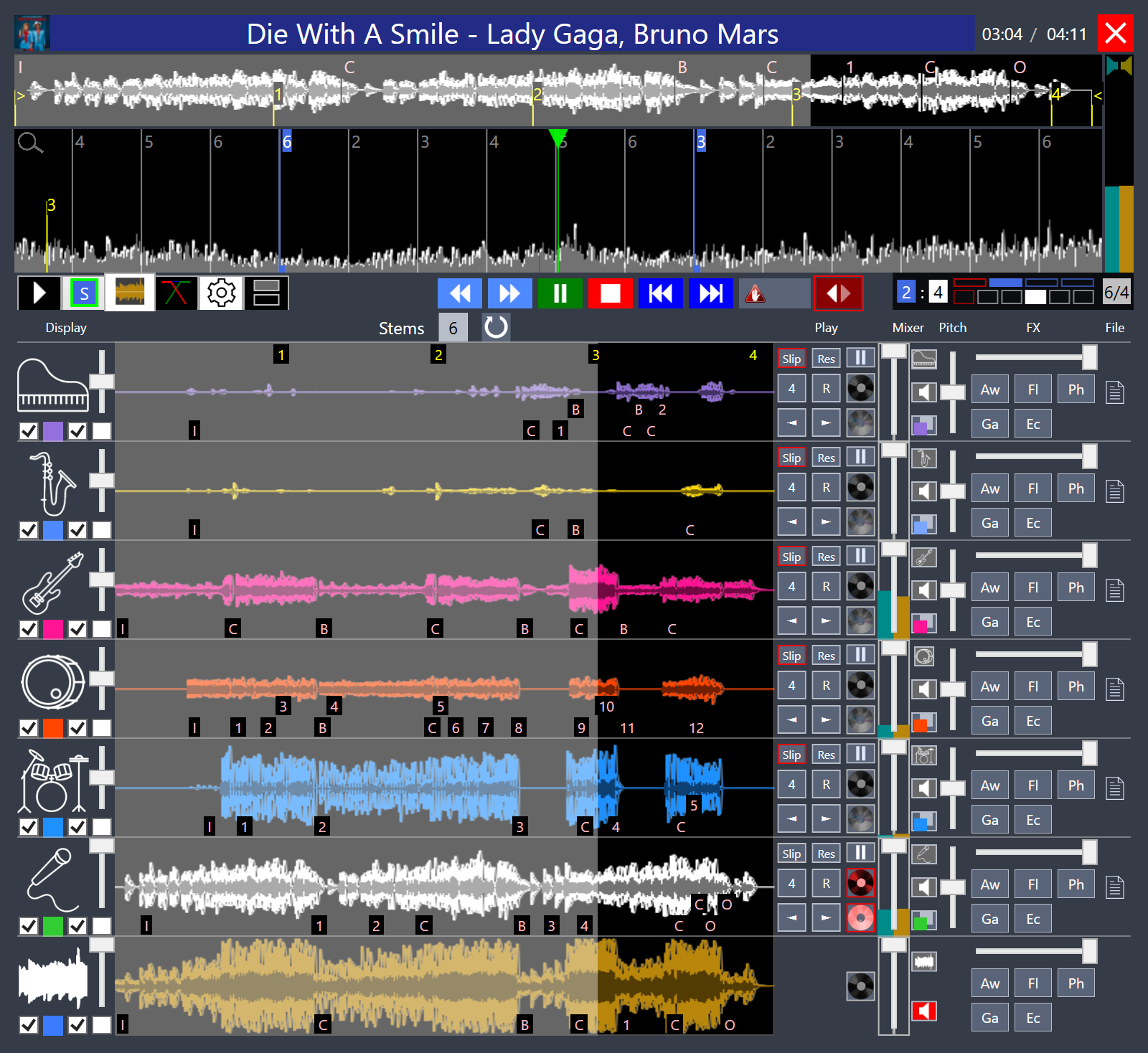 The fPlayer showing six stems, each with its own sound wave.