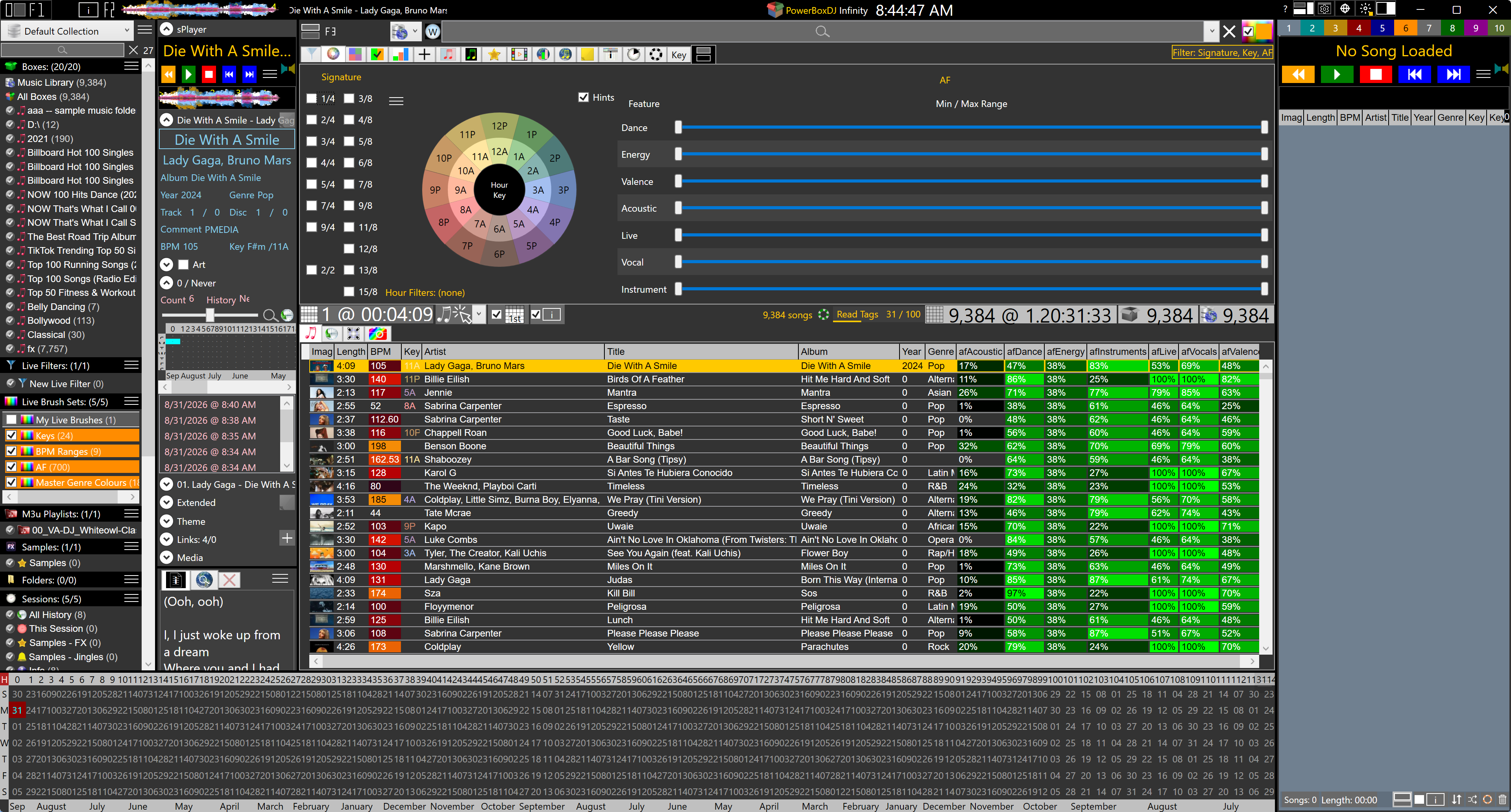 PowerBox DJ library with Key Filter, audio-feature ranges, Live Brushes, and the song grid.