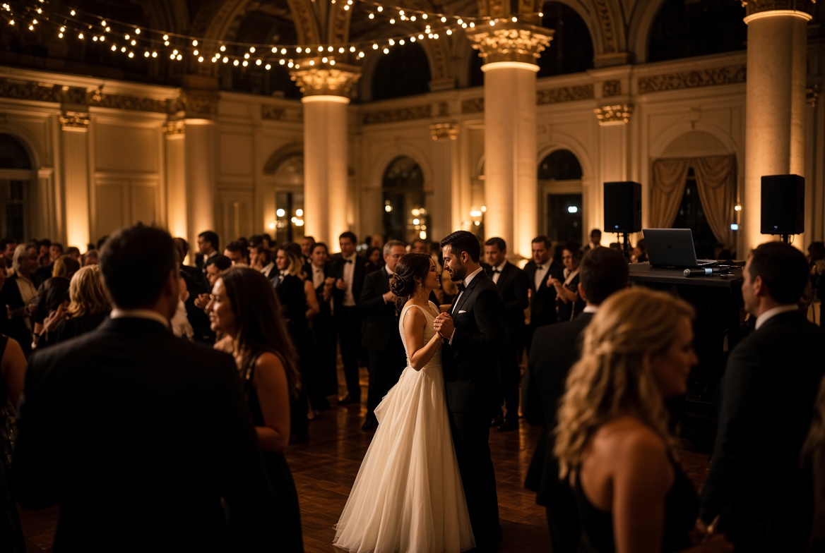 Bride and groom first dance in a ballroom, guests around the floor, laptop DJ booth to the right.