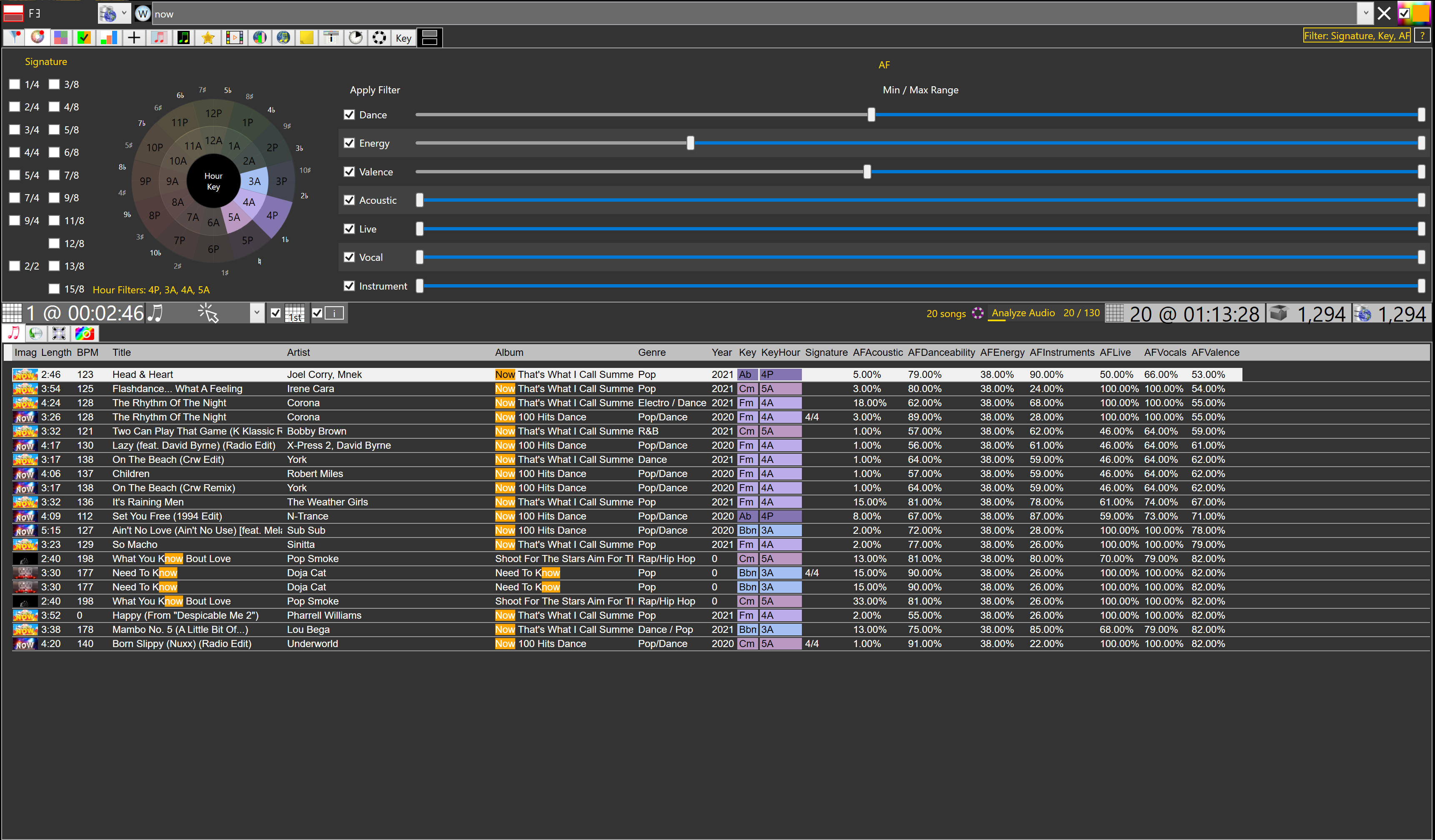 Four keys plus audio feature ranges on the Key Filter.